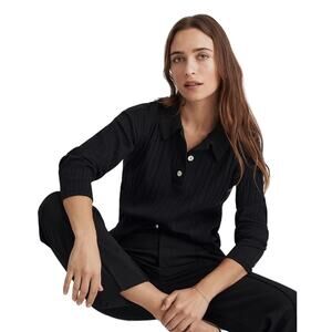 Madewell Black Variegated Rib Boxy Polo Shirt Size XS NO377